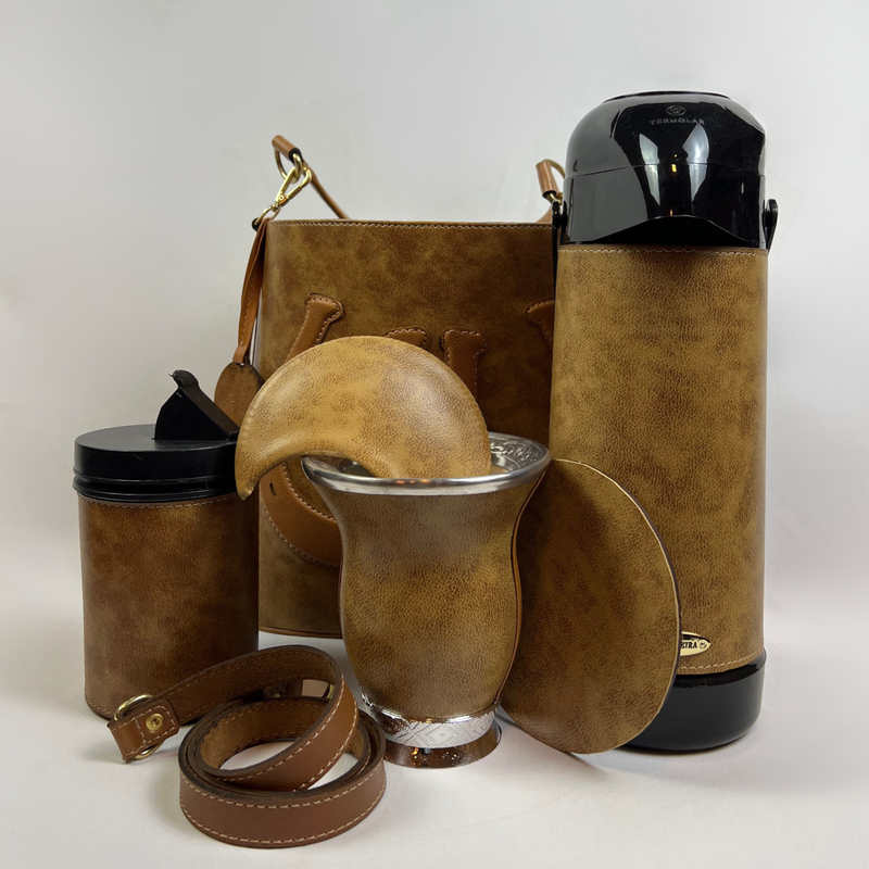 Kit Mateira Premium 5 Peças com Cuia de Porongo e Couro Legítimo - Caramelo