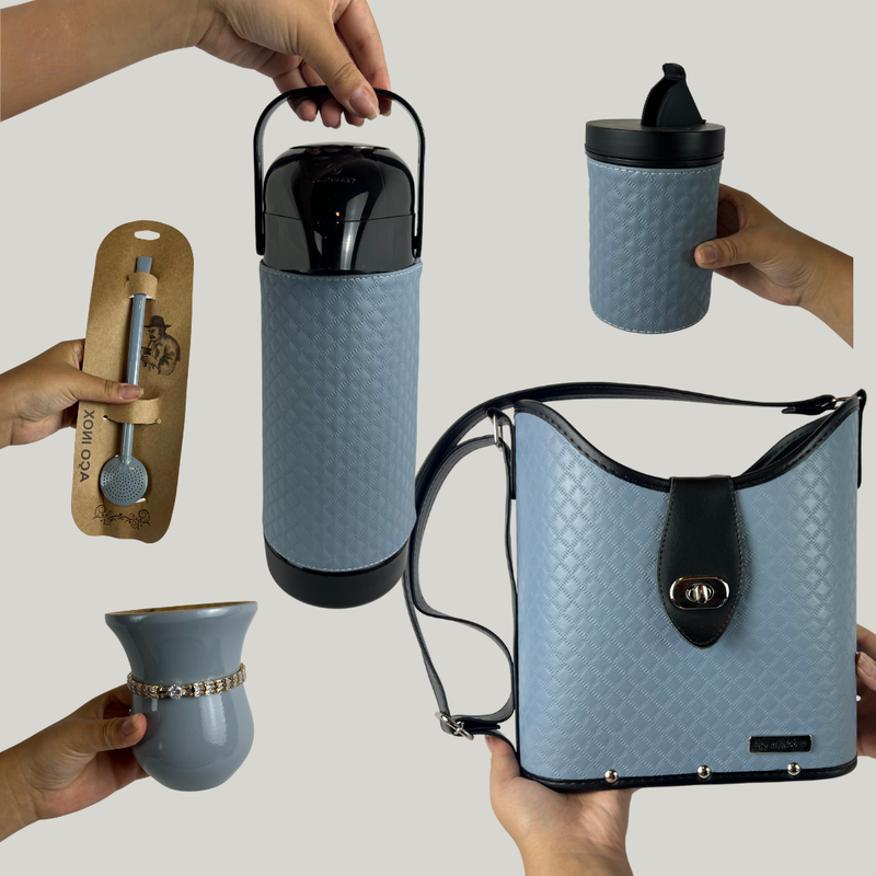 Kit Chimarrão Azul Acinzentado Premium 6 Peças Completo - Térmica 1L