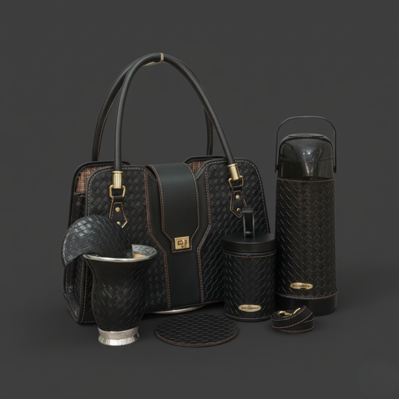 Kit Chimarrão Preto Elegante Premium 6 Peças - Térmica 1L